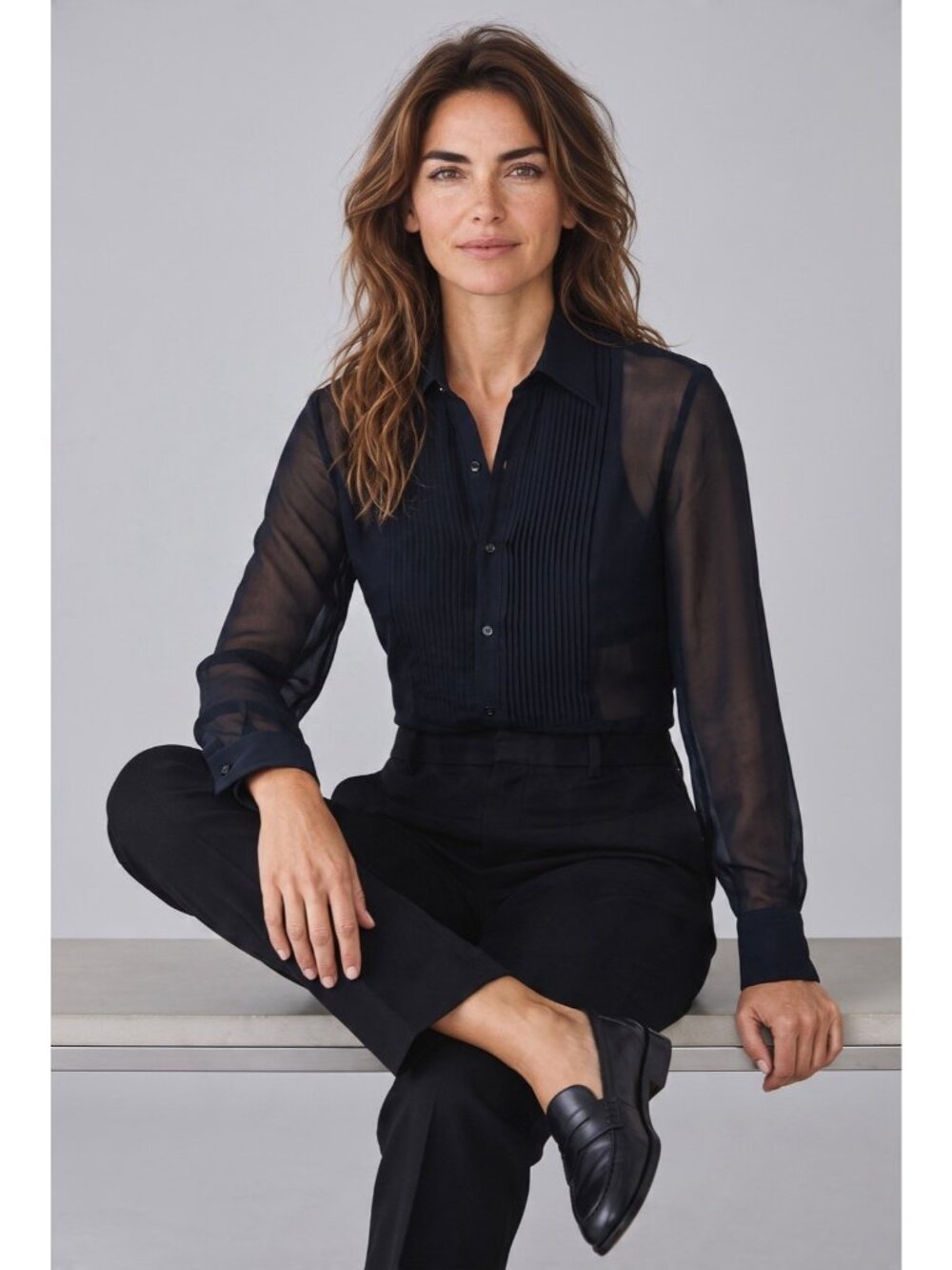 Ralph Lauren Black Chiffon Tuxedo Bib Blouse Sz M Sheer Dressy Luxury